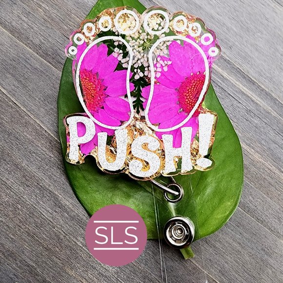 Baby Feet Floral Badge Reel With Push-OBGYN Badge Reel-NICU Nurse-OB Nurse Badge - Picture 2 of 7